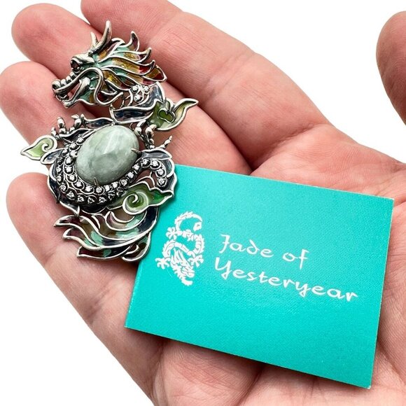 Jade of Yesteryear Womens Necklace Sterling Green Jade Dragon Plique a Jour - Picture 2 of 5